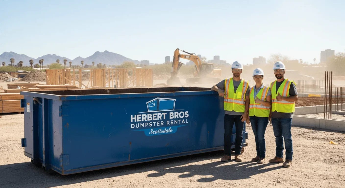 Meet the Herbert Bros Dumpster Rental Team - Scottsdale, AZ The Herbert Bros Dumpster Rental crew talking through a job at the company yard in Scottsdale